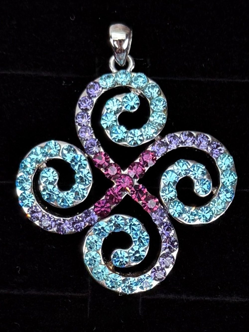 Silvertone Multicolor Crystal Swirl Pendant Aqua, Purple & Pink